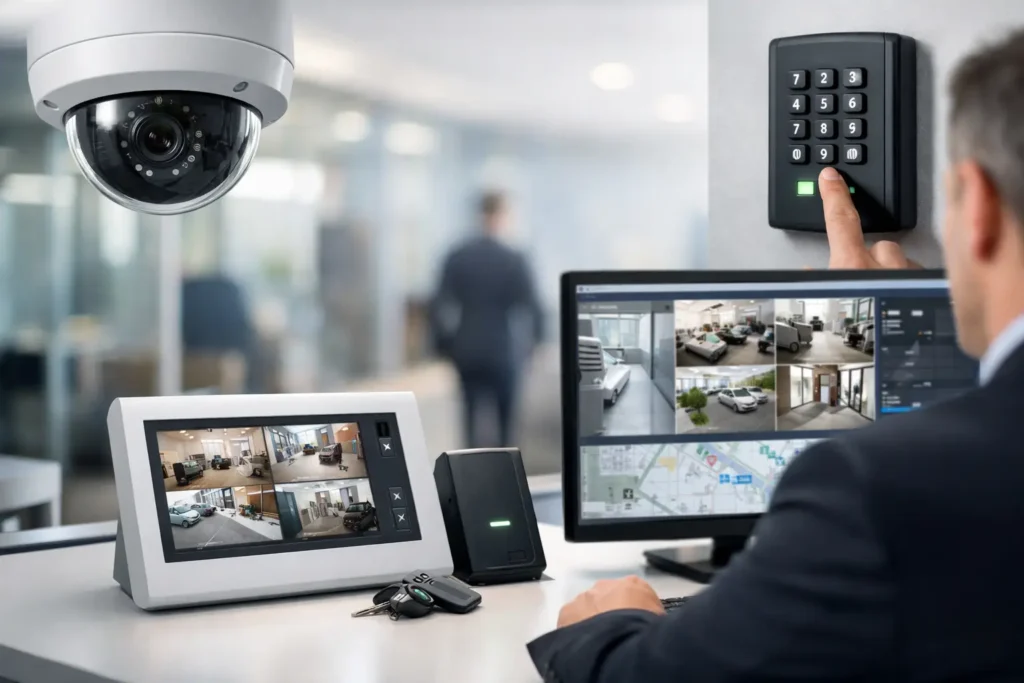A man at a desk monitoring video surveillance of his workplace