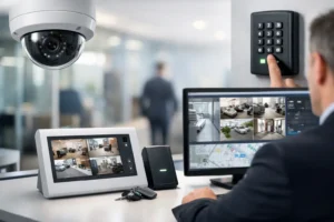A man at a desk monitoring video surveillance of his workplace