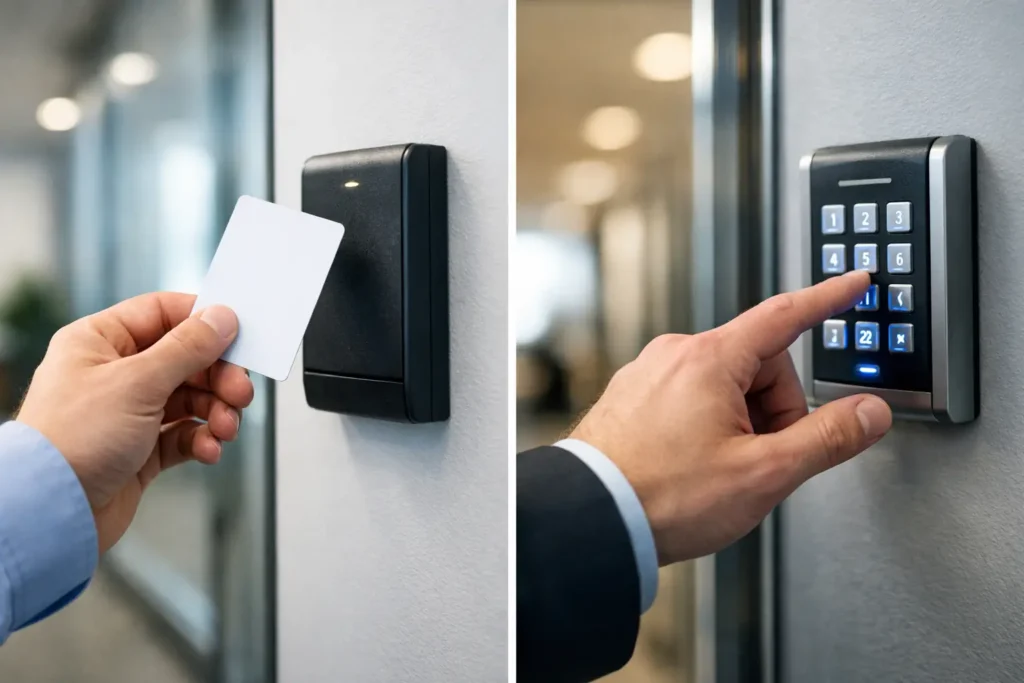 Card Access vs Keypad Entry for Business Security, Employee presenting a mobile credential to a card reader at a commercial entrance.
